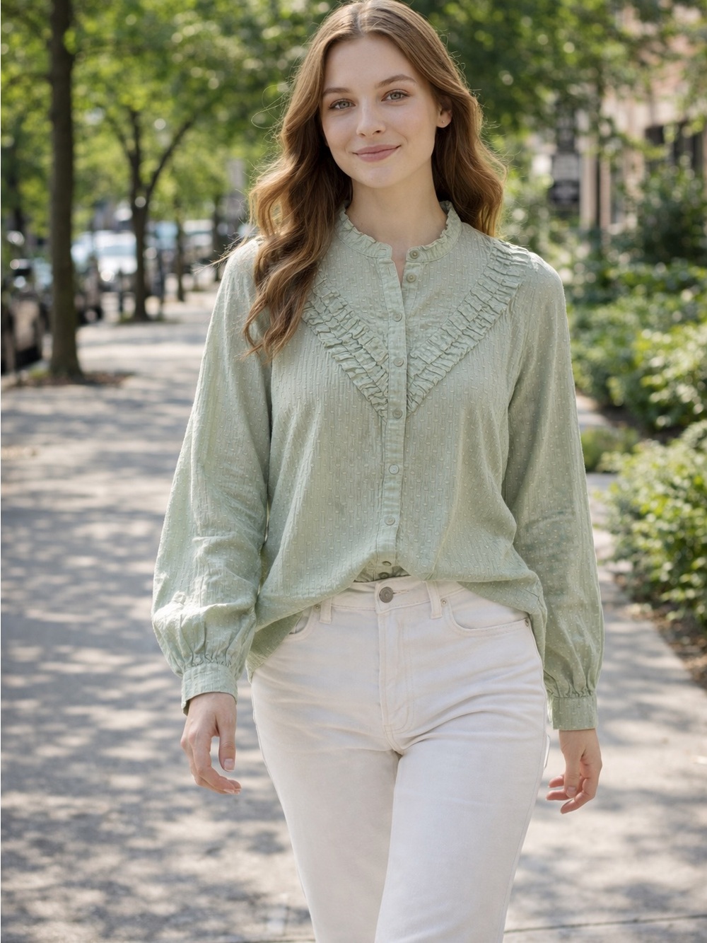 Sundance  Fresh Breezes Peasant Sage Green Ruffle-Trim Button-Front Blouse 3765